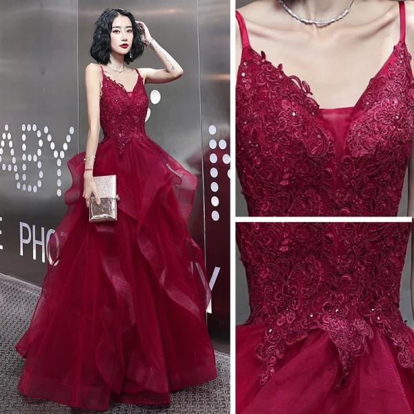 Sexy Burgundy Evening Dresses  2020 A-Line / Princess Spaghetti Straps Sleeveless Appliques Lace Beading Floor-Length / Long Ruffle Backless Formal Dresses