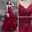 Sexy Burgundy Evening Dresses  2020 A-Line / Princess Spaghetti Straps Sleeveless Appliques Lace Beading Floor-Length / Long Ruffle Backless Formal Dresses