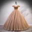 Chic / Beautiful Gold Prom Dresses 2020 Ball Gown Off-The-Shoulder See-through V-Neck Short Sleeve Glitter Tulle Beading Floor-Length / Long Ruffle Backless Formal Dresses