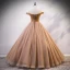 Chic / Beautiful Gold Prom Dresses 2020 Ball Gown Off-The-Shoulder See-through V-Neck Short Sleeve Glitter Tulle Beading Floor-Length / Long Ruffle Backless Formal Dresses