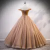 Chic / Beautiful Gold Prom Dresses 2020 Ball Gown Off-The-Shoulder See-through V-Neck Short Sleeve Glitter Tulle Beading Floor-Length / Long Ruffle Backless Formal Dresses