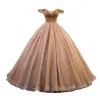 Chic / Beautiful Gold Prom Dresses 2020 Ball Gown Off-The-Shoulder See-through V-Neck Short Sleeve Glitter Tulle Beading Floor-Length / Long Ruffle Backless Formal Dresses