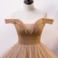 Chic / Beautiful Gold Prom Dresses 2020 Ball Gown Off-The-Shoulder See-through V-Neck Short Sleeve Glitter Tulle Beading Floor-Length / Long Ruffle Backless Formal Dresses