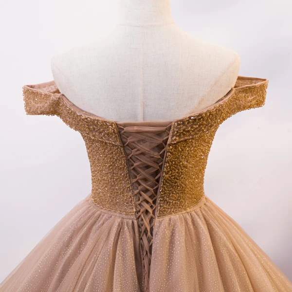 Chic / Beautiful Gold Prom Dresses 2020 Ball Gown Off-The-Shoulder See-through V-Neck Short Sleeve Glitter Tulle Beading Floor-Length / Long Ruffle Backless Formal Dresses