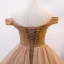 Chic / Beautiful Gold Prom Dresses 2020 Ball Gown Off-The-Shoulder See-through V-Neck Short Sleeve Glitter Tulle Beading Floor-Length / Long Ruffle Backless Formal Dresses