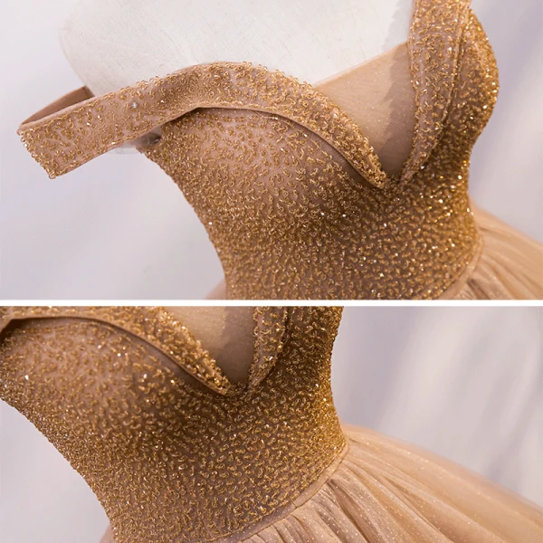 Chic / Beautiful Gold Prom Dresses 2020 Ball Gown Off-The-Shoulder See-through V-Neck Short Sleeve Glitter Tulle Beading Floor-Length / Long Ruffle Backless Formal Dresses