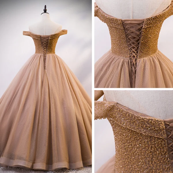 Chic / Beautiful Gold Prom Dresses 2020 Ball Gown Off-The-Shoulder See-through V-Neck Short Sleeve Glitter Tulle Beading Floor-Length / Long Ruffle Backless Formal Dresses