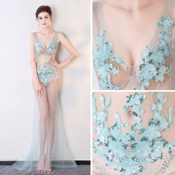 Sexy Himmelblau Durchsichtige Abendkleider 2018 Meerjungfrau V-Ausschnitt Ärmellos Applikationen Pailletten Strass Sweep / Pinsel Zug Rückenfreies Festliche Kleider