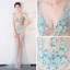 Sexy Himmelblau Durchsichtige Abendkleider 2018 Meerjungfrau V-Ausschnitt Ärmellos Applikationen Pailletten Strass Sweep / Pinsel Zug Rückenfreies Festliche Kleider