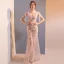 Sexy Rougissant Rose Transparentes Robe De Soirée 2018 Trompette / Sirène V-Cou Sans Manches Perlage Gland Appliques Fleur Faux Diamant Paillettes Train De Balayage Dos Nu Robe De Ceremonie
