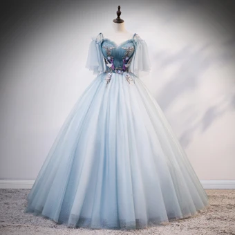 Chic Belle Bleu Ciel Robe De Bal 2020 Robe Boule De L 039 Épaule Bretelles Spaghetti 1 2 Manches Appliques En Dentelle Perlage Longue Volants Dos Nu Robe De Ceremonie