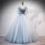 Chic / Belle Bleu Ciel Robe De Bal 2020 Robe Boule De l'épaule Bretelles Spaghetti 1/2 Manches Appliques En Dentelle Perlage Longue Volants Dos Nu Robe De Ceremonie