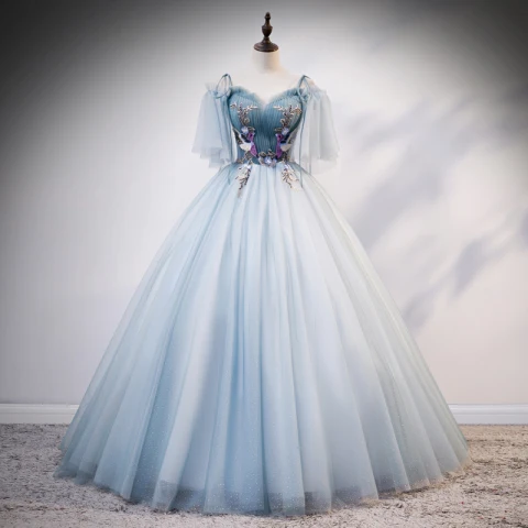 Schöne Himmelblau Ballkleider 2020 Ballkleid Off Shoulder Spaghettiträger 1/2 Ärmel Applikationen Spitze Perlenstickerei Lange Rüschen Rückenfreies Festliche Kleider