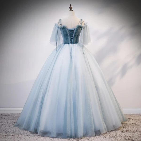 Chic / Belle Bleu Ciel Robe De Bal 2020 Robe Boule De l'épaule Bretelles Spaghetti 1/2 Manches Appliques En Dentelle Perlage Longue Volants Dos Nu Robe De Ceremonie