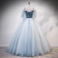 Chic / Belle Bleu Ciel Robe De Bal 2020 Robe Boule De l'épaule Bretelles Spaghetti 1/2 Manches Appliques En Dentelle Perlage Longue Volants Dos Nu Robe De Ceremonie
