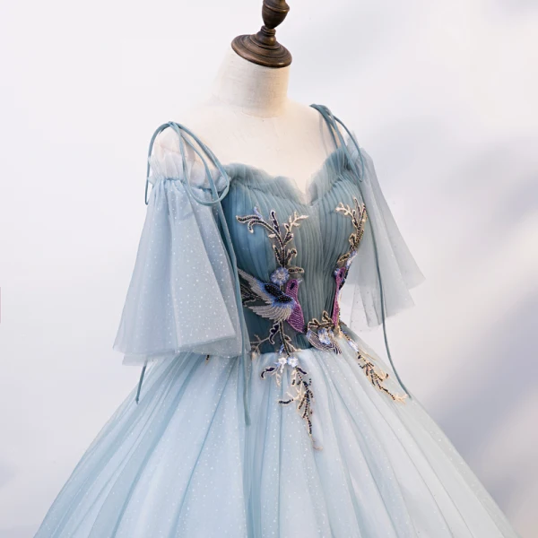 Chic / Belle Bleu Ciel Robe De Bal 2020 Robe Boule De l'épaule Bretelles Spaghetti 1/2 Manches Appliques En Dentelle Perlage Longue Volants Dos Nu Robe De Ceremonie