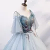 Piękne Błękitne Sukienki Na Bal 2020 Suknia Balowa Przy Ramieniu Spaghetti Pasy 1/2 Rękawy Aplikacje Z Koronki Frezowanie Długie Wzburzyć Bez Pleców Sukienki Wizytowe