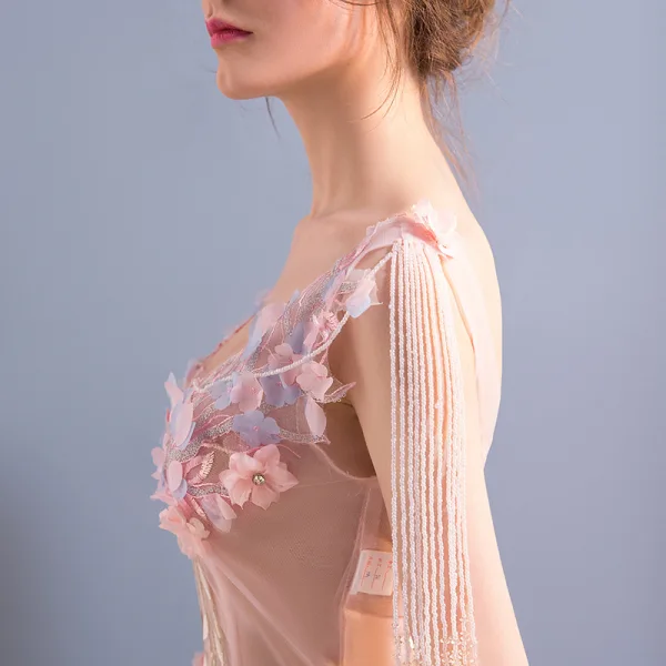 Sexy Rougissant Rose Transparentes Robe De Soirée 2018 Trompette / Sirène V-Cou Sans Manches Perlage Gland Appliques Fleur Faux Diamant Paillettes Train De Balayage Dos Nu Robe De Ceremonie