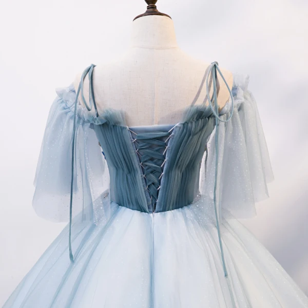 Chic / Belle Bleu Ciel Robe De Bal 2020 Robe Boule De l'épaule Bretelles Spaghetti 1/2 Manches Appliques En Dentelle Perlage Longue Volants Dos Nu Robe De Ceremonie