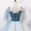 Chic / Belle Bleu Ciel Robe De Bal 2020 Robe Boule De l'épaule Bretelles Spaghetti 1/2 Manches Appliques En Dentelle Perlage Longue Volants Dos Nu Robe De Ceremonie