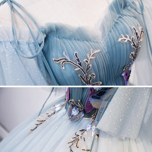 Chic / Belle Bleu Ciel Robe De Bal 2020 Robe Boule De l'épaule Bretelles Spaghetti 1/2 Manches Appliques En Dentelle Perlage Longue Volants Dos Nu Robe De Ceremonie