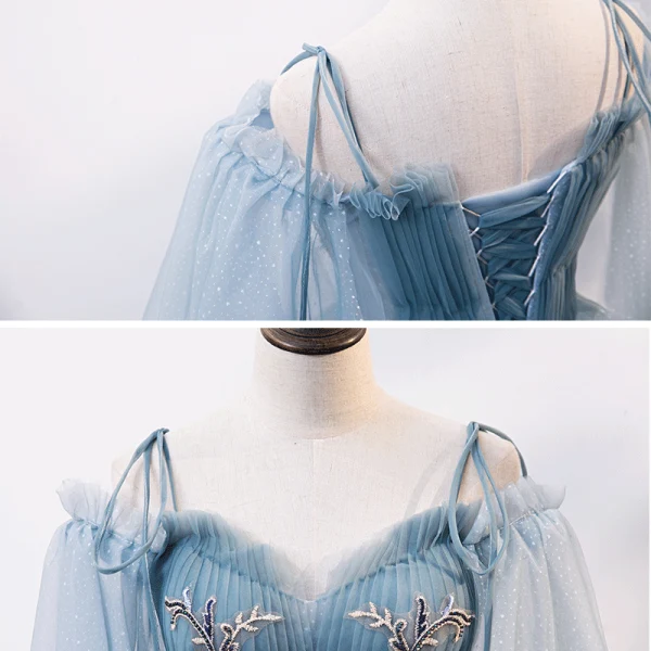 Chic / Belle Bleu Ciel Robe De Bal 2020 Robe Boule De l'épaule Bretelles Spaghetti 1/2 Manches Appliques En Dentelle Perlage Longue Volants Dos Nu Robe De Ceremonie