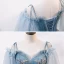 Chic / Belle Bleu Ciel Robe De Bal 2020 Robe Boule De l'épaule Bretelles Spaghetti 1/2 Manches Appliques En Dentelle Perlage Longue Volants Dos Nu Robe De Ceremonie