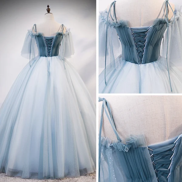 Chic / Belle Bleu Ciel Robe De Bal 2020 Robe Boule De l'épaule Bretelles Spaghetti 1/2 Manches Appliques En Dentelle Perlage Longue Volants Dos Nu Robe De Ceremonie