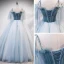 Chic / Belle Bleu Ciel Robe De Bal 2020 Robe Boule De l'épaule Bretelles Spaghetti 1/2 Manches Appliques En Dentelle Perlage Longue Volants Dos Nu Robe De Ceremonie