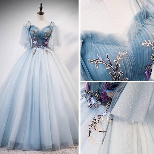 Chic / Belle Bleu Ciel Robe De Bal 2020 Robe Boule De l'épaule Bretelles Spaghetti 1/2 Manches Appliques En Dentelle Perlage Longue Volants Dos Nu Robe De Ceremonie