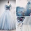 Chic / Belle Bleu Ciel Robe De Bal 2020 Robe Boule De l'épaule Bretelles Spaghetti 1/2 Manches Appliques En Dentelle Perlage Longue Volants Dos Nu Robe De Ceremonie