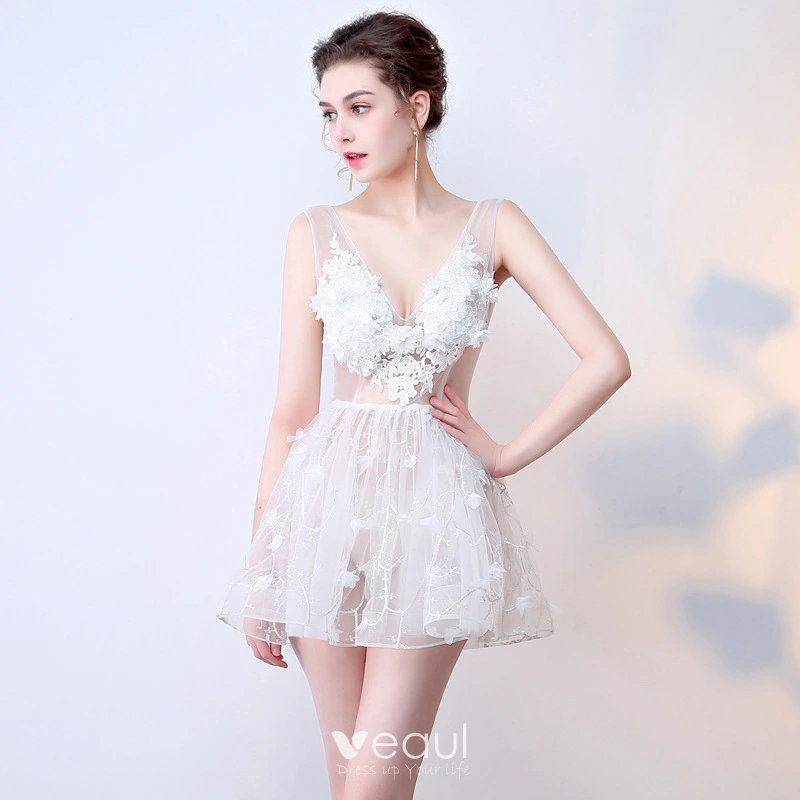 Sexy See-Through Ruffle V Neck A Line Dresses