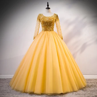 Luxe Doré Robe De Bal 2020 Robe Boule Encolure Dégagée Manches Longues Paillettes Perlage Faux Diamant Longue Volants Dos Nu Robe De Ceremonie