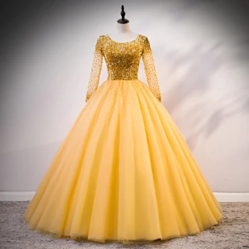 Luxe Doré Robe De Bal 2020 Robe Boule Encolure Dégagée Manches Longues Paillettes Perlage Faux Diamant Longue Volants Dos Nu Robe De Ceremonie