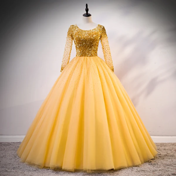 Luxe Doré Robe De Bal 2020 Robe Boule Encolure Dégagée Manches Longues Paillettes Perlage Faux Diamant Longue Volants Dos Nu Robe De Ceremonie