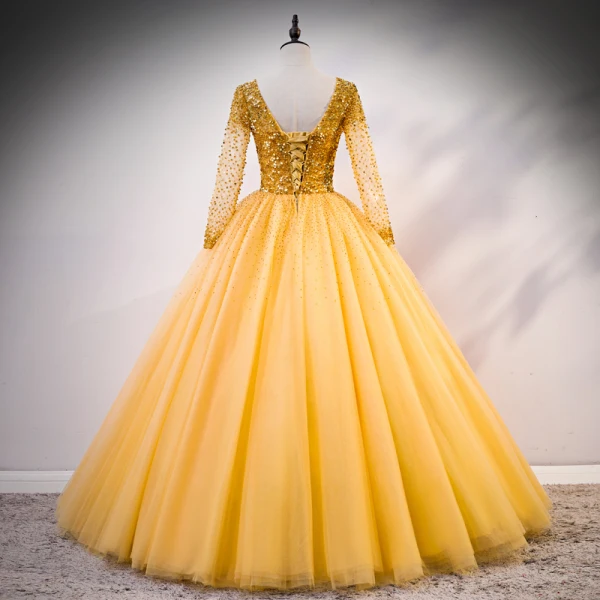 Luxe Doré Robe De Bal 2020 Robe Boule Encolure Dégagée Manches Longues Paillettes Perlage Faux Diamant Longue Volants Dos Nu Robe De Ceremonie