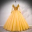 Luxe Doré Robe De Bal 2020 Robe Boule Encolure Dégagée Manches Longues Paillettes Perlage Faux Diamant Longue Volants Dos Nu Robe De Ceremonie