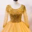 Luxe Doré Robe De Bal 2020 Robe Boule Encolure Dégagée Manches Longues Paillettes Perlage Faux Diamant Longue Volants Dos Nu Robe De Ceremonie