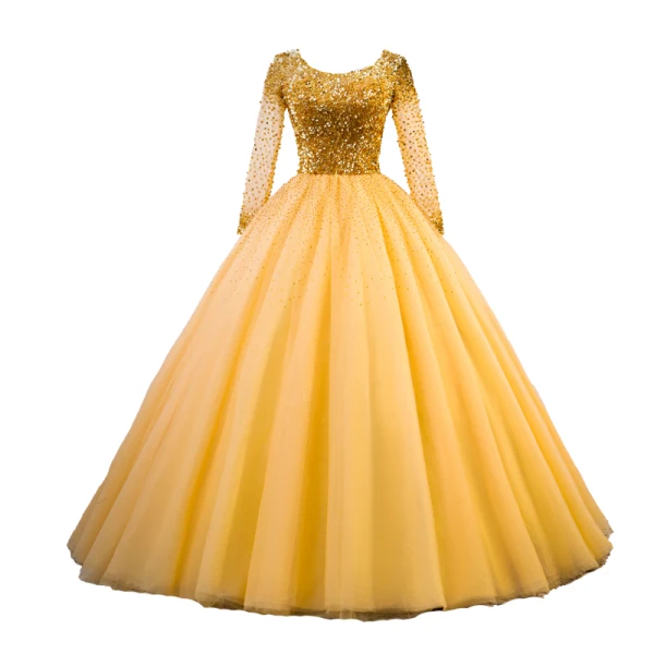 Luxe Doré Robe De Bal 2020 Robe Boule Encolure Dégagée Manches Longues Paillettes Perlage Faux Diamant Longue Volants Dos Nu Robe De Ceremonie