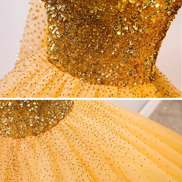 Luxe Doré Robe De Bal 2020 Robe Boule Encolure Dégagée Manches Longues Paillettes Perlage Faux Diamant Longue Volants Dos Nu Robe De Ceremonie