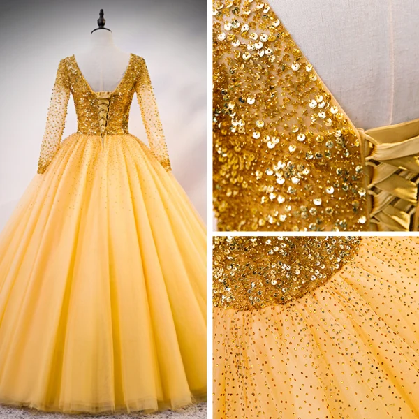 Luxe Doré Robe De Bal 2020 Robe Boule Encolure Dégagée Manches Longues Paillettes Perlage Faux Diamant Longue Volants Dos Nu Robe De Ceremonie