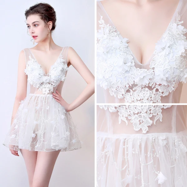 Sexy Durchsichtige Ivory / Creme Partykleider 2018 A Linie V-Ausschnitt Ärmellos Applikationen Spitze Blumen Strass Kurze Rüschen Rückenfreies Festliche Kleider