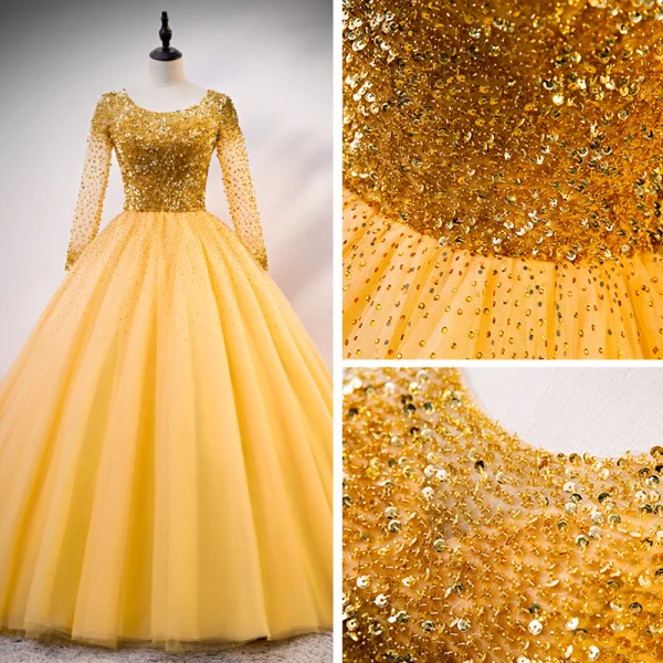 Luxe Doré Robe De Bal 2020 Robe Boule Encolure Dégagée Manches Longues Paillettes Perlage Faux Diamant Longue Volants Dos Nu Robe De Ceremonie