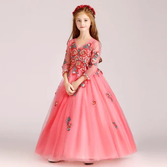 Chic Belle Watermelon Rouge Robe Ceremonie Fille 2017 Robe Boule V Cou 3 4 Manches Appliques En Dentelle Faux Diamant Perle Longue Volants Robe Pour Mariage