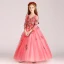 Chic / Beautiful Watermelon Flower Girl Dresses 2017 Ball Gown V-Neck 3/4 Sleeve Appliques Lace Rhinestone Pearl Floor-Length / Long Ruffle Wedding Party Dresses
