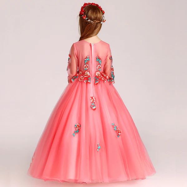 Chic / Beautiful Watermelon Flower Girl Dresses 2017 Ball Gown V-Neck 3/4 Sleeve Appliques Lace Rhinestone Pearl Floor-Length / Long Ruffle Wedding Party Dresses