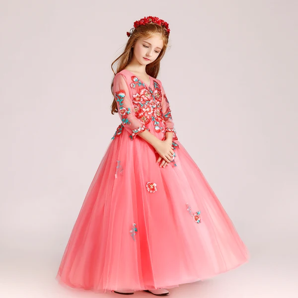 Chic / Beautiful Watermelon Flower Girl Dresses 2017 Ball Gown V-Neck 3/4 Sleeve Appliques Lace Rhinestone Pearl Floor-Length / Long Ruffle Wedding Party Dresses