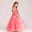 Chic / Beautiful Watermelon Flower Girl Dresses 2017 Ball Gown V-Neck 3/4 Sleeve Appliques Lace Rhinestone Pearl Floor-Length / Long Ruffle Wedding Party Dresses