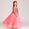 Chic / Beautiful Watermelon Flower Girl Dresses 2017 Ball Gown V-Neck 3/4 Sleeve Appliques Lace Rhinestone Pearl Floor-Length / Long Ruffle Wedding Party Dresses