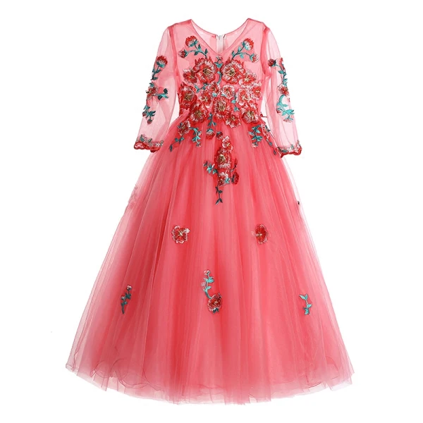 Chic / Beautiful Watermelon Flower Girl Dresses 2017 Ball Gown V-Neck 3/4 Sleeve Appliques Lace Rhinestone Pearl Floor-Length / Long Ruffle Wedding Party Dresses